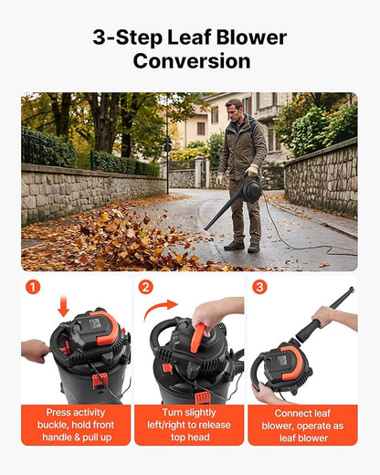 VEVOR 3-in-1 Shop Vac, 8 Gallon Wet Dry Shop Vacuum, 4.5 Peak HP Portable Vacuum Cleaner with Blower, Dual-Filter, 950W Input Power, 1.25in x 7ft Hose, 9.8ft Cord for Jobsite, Workshop, Garage, Home