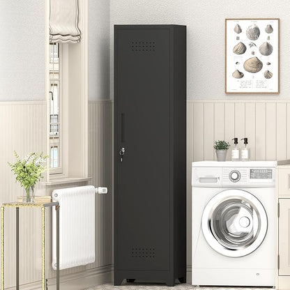 GREATMEET Broom Closet Storage Cabinet, Slim Metal Utility Cabinet, Tall Laundry Room Cabinet for Shop, Living Room, Office, Black