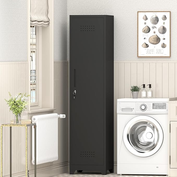 GREATMEET Slim Broom Storage Cabinets, Black Metal Cabinet with Shelves, Utility Storage Cabinet with Locking Door for Garage, School, Office, Shop