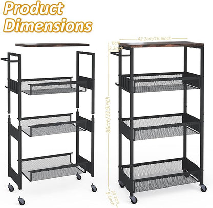 9.1" Wide Slim Rolling Utility Cart, 4 Tier Metal Narrow Storage Cart with Handle and Wood Top, Multifunctional Small Mobile Shelf Unit Organizer Trolley for Laundry, Bathroom, Kitchen