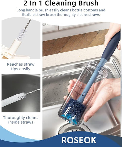 ROSEOK 2in1 Bottle Scrubbing Brush with Straw Brush has Long and Comfortable Handle, Cleaning Glass, Sports Bottle, Coffee Mug,1 Pack, Grayish Blue