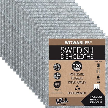 LOLA Swedish Dishcloths for Kitchen 320 Sheets, Biodegradable Compostable Reusable Paper Towel Cleaning Cloths No Odor Washing Dishes Ultra Absorbent Cellulose Sponge Towel Made in Germany