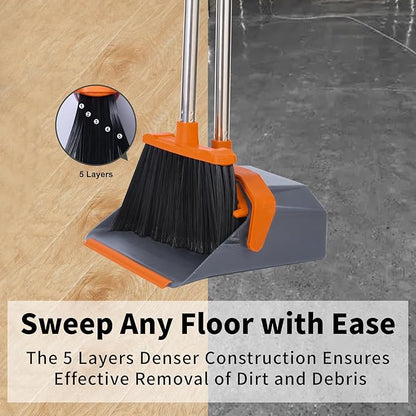 Tiumso Broom and Dustpan Set with 51'' Long Handle, Upright Broom and Dustpan Combo for Home Kitchen Office Restaurant Garage Lobby Dog Cat Pets Hair - Grey and Orange