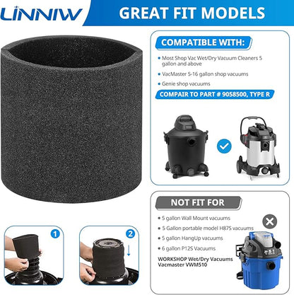 3 Pack 90585 Foam Sleeve VF2001 Foam Replacements Filters Compatible with Most Shop-Vac Wet/Dry Vacuum Cleaners 5 Gallon and Above, Vacmaster & Genie Shop Vacuum Cleaner, Replace Parts # 9058500