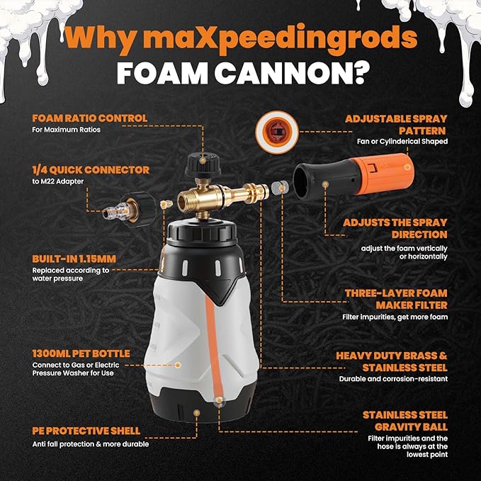 maXpeedingrods Foam Cannon for Pressure Washer, 1300ML Wide Mouth Quick Release Car Wash Foam Gun with Adjustable Soap Cannon & Thick Snow Foam, 1/4'' Quick Connector, with 2 Orifice Nozzle (White)