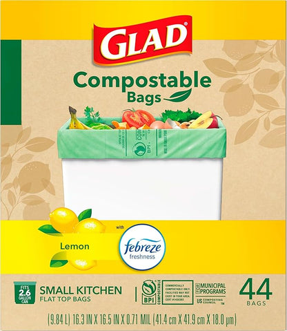Glad Trash Bags, Kitchen Compost Bags 2.6 Gallon Garbage Bags, 100% Compostable Bag, Febreze Lemon, 44 Count (Package May Vary), Light Yellow