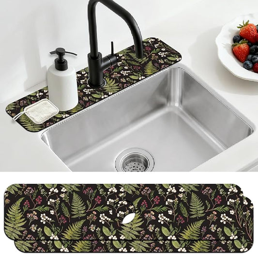2 Pcs Kitchen Sink Splash Guard Faucet Mats Vintage Fern and Berries Pattern Faucet Mat for Sinks Absorbing Drying Mat for Kitchen Bathroom, 23.6x5.5inch