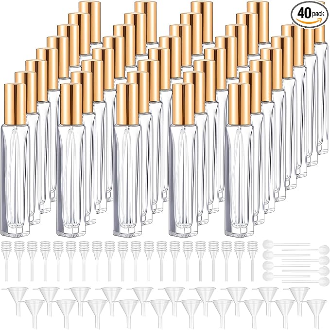 Domensi 40 Pcs 10/15/20/30 ml Perfume Travel Refillable Glass Bottles Spray Bottle Perfume Atomizer for Cologne Dispenser Leak-proof Fragrance Bottles Atomizer Pump Kit (10 ml,Gold)