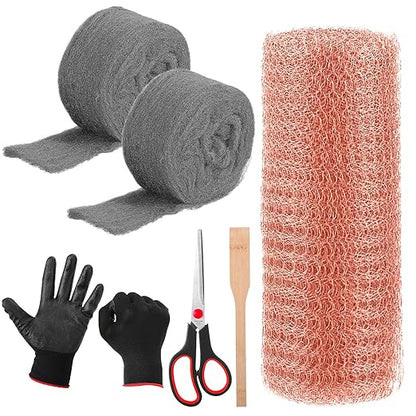 Copper Mesh Rodent Control Kit 1 Pack Rustproof Mesh Roll and 0000 Steel Wool Mouse Hole Filler with Gloves, Scissors for House Garden Home Garage(5in X 9.8ft)