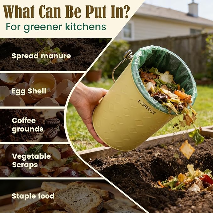 AOSION Countertop Compost Bin Kitchen,Odorless Indoor Compost Bin with Lid,Farmhouse Composter Container for Food Waste,Includes 2 Carbon Filters, Small Compost Bucket,Trash Bags (Modern, Yellow)