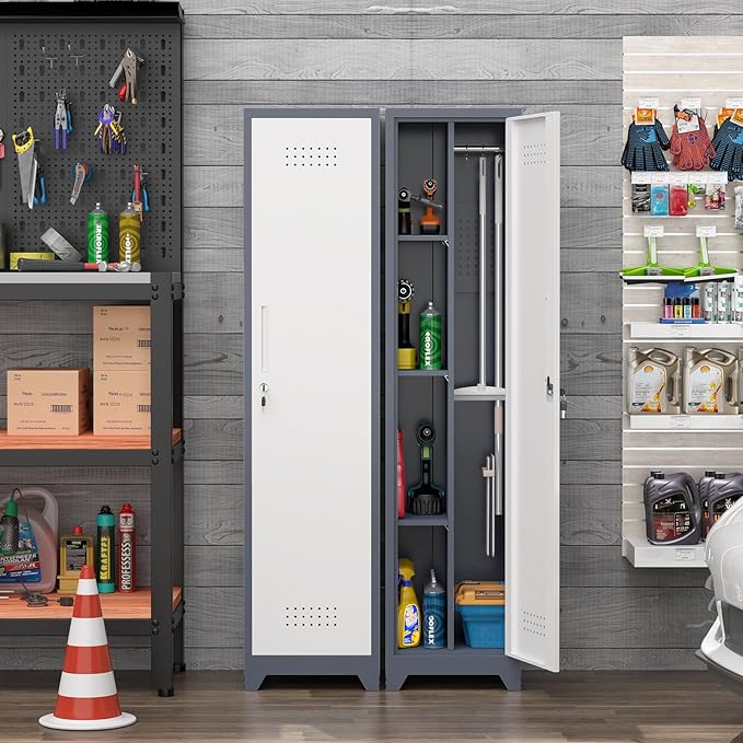 Broom Closet Utility Storage Cabinet with Locking Door and 2 Shelves, 65" H Slim Tool Cabinet for Broom and Mops (Gray,65“H-1 Door) (GrayWhite, 65" H-1Door)