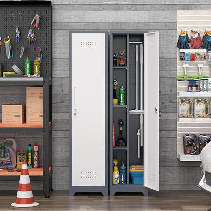 Broom Closet Utility Storage Cabinet with Locking Door and 2 Shelves, 65" H Slim Tool Cabinet for Broom and Mops (Gray,65“H-1 Door) (GrayWhite, 65" H-1Door)