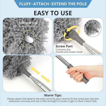 ZZ LAZYCOTTAGE Microfiber Feather Duster for High Reach, Lightweight Ceiling Fan Cleaner, 91.5" Telescopic Pole, Cobweb Duster with Extension Pole for Home & Car