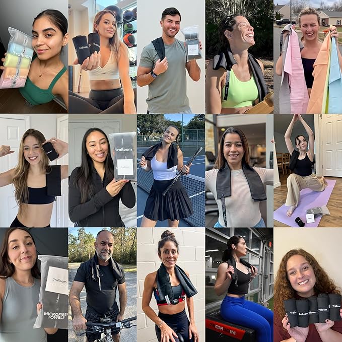 Trailoom Microfiber Workout Towels - Quick Dry, Highly Absorbing, Odor-Free, for Men & Women - Gym Sweat Sports Towel for Hot Yoga, Tennis, Running, Exercise, Working Out, Camping, Set of 5 Black