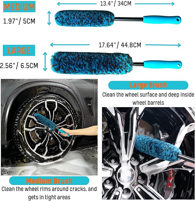 oesee 6PCS Car Wheel Cleaning Detailing Pro Kit, Tire Brush, 2 PCS Soft Wool Rims Brush, Detailing Brush, and Tire Dressing Pads, Scratch-Free & Multipurpose Tire Brush