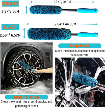 oesee 6PCS Car Wheel Cleaning Detailing Pro Kit, Tire Brush, 2 PCS Soft Wool Rims Brush, Detailing Brush, and Tire Dressing Pads, Scratch-Free & Multipurpose Tire Brush