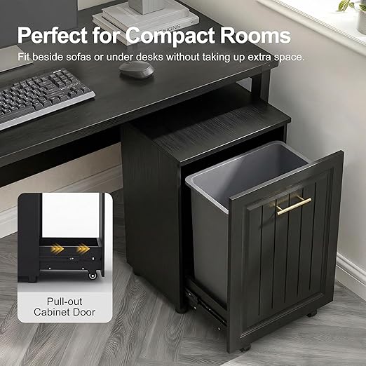 ZIFTY Pull Out Trash Can Cabinet for 10 Gallon Bin, Pet Proof Hidden Kitchen Waste Bin, Freestanding Wooden Garbage & Recycling Cabinet for Kitchen, Laundry Room, Living Room, Black