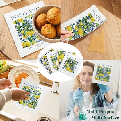 Swedish Dishcloths for Kitchen, Papaya Reusable Paper Towels Washable, Vintage Floral Summer Lemon Swedish DishCloths for Friut, 4 Pcs Dish Towels for Kitchen, No Odor Cleaning Cloths