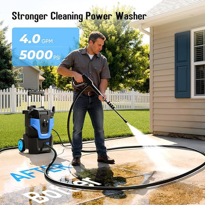 5000PSI Heavy Duty Pressure Washer, 3-Speed Adjustable Power Washer with 2-Stage Pull Rod, 4 Nozzles, Foam Cannon & 500ml Soap Bottle for Car, Home & Outdoor Cleaning,Blue