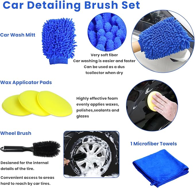 15 Pcs Car Cleaning Kit, Car Detailing Wash Brush Set, Auto Interior External Wash Cleaning Set for Car Motorcycle Bike Wheels, Engine, Emblems, Air Vents, Dashboard, Leather
