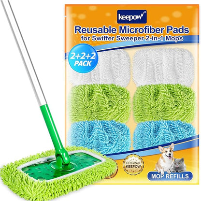 KEEPOW Reusable Microfiber Mop Pads Compatible with Swiffer Sweeper, Dry Sweeping Cloths, Washable Wet Mopping Cloth Refills for Hardwood Floor Cleaning, 6 Pack