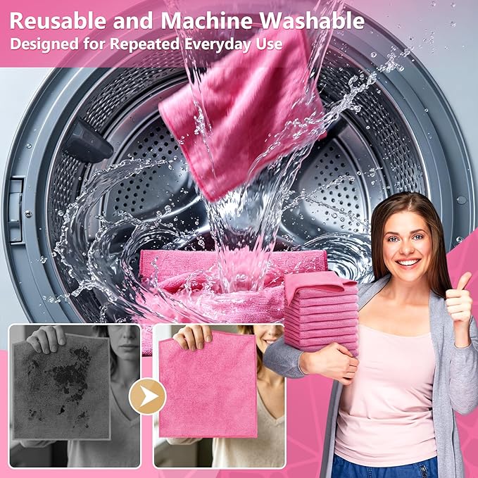 Kitchen Dish Cloths, 12 Pack, 10 x 10 Inches, Soft Absorbent Dish Towels, Lint Free Reusable Dish Rags for Dishwashing, Drying and Daily Cleanup, Hot Pink