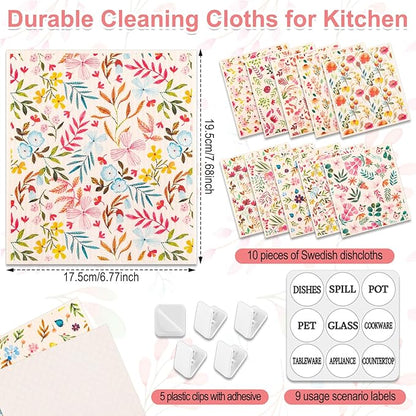 Lucomb 10 Pack Swedish Dishcloths with Hooks, Cellulose Reusable Kitchen Towels Super Absorbent Paper Towels Dish Cloth for Home Kitchen Dishes Cleaning (Quick Drying & Washable Decorative)