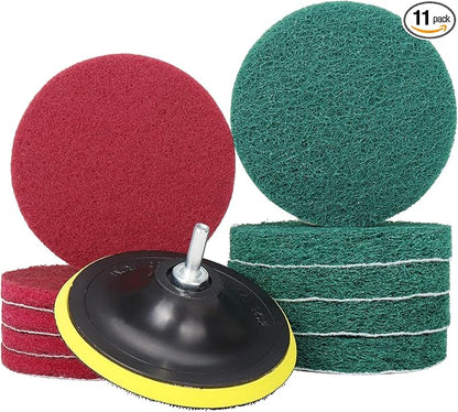 5 Inch Drill Brush Power Scouring Pads - Heavy Duty Tub and Tile Cleaner - Household Cleaning Kit Includes Drill Attachment, 5 Red, 5 Stiff Green Scrubber Pads