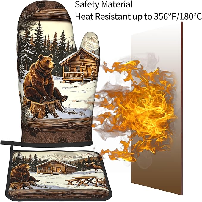 Vintage Oven Mitts and Pot Holders Sets Rustic Cabin Kitchen Gloves Bear Hot Pads Cute Baker Stuff Chef Cooking Baking Gifts for Women