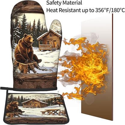 Vintage Oven Mitts and Pot Holders Sets Rustic Cabin Kitchen Gloves Bear Hot Pads Cute Baker Stuff Chef Cooking Baking Gifts for Women