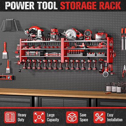 66" W Super Large Power Tool Organizer Wall Mount,Heavy Duty Cordless Tool Organizer with 18 Drill Holder,600 Lbs Capacity 4-Layer Garage Organization for Garage and Workshop (Red)