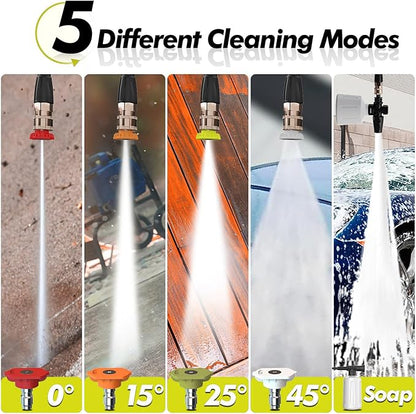5000PSI PowerWasher with 4 Quick Connect Nozzles, Foam Cannon for Car, Lane, Patio Cleaning, Hydro Jet Pressure Hose Water Wand for Gutter Patio Car Garden Window, Yellow