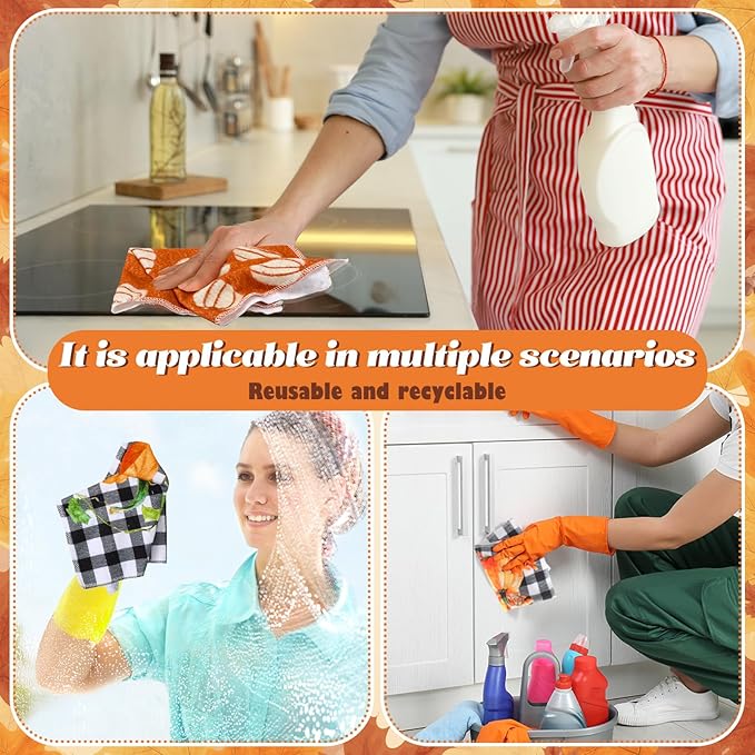 Mindsoft 36 Pcs Fall Reusable Paper Towels Rolls Washable Bulk Autumn Pumpkin Black White Plaid Kitchen Towels Paperless Reusable Cloth Cotton Napkins with Cardboard for Kitchen Bathroom