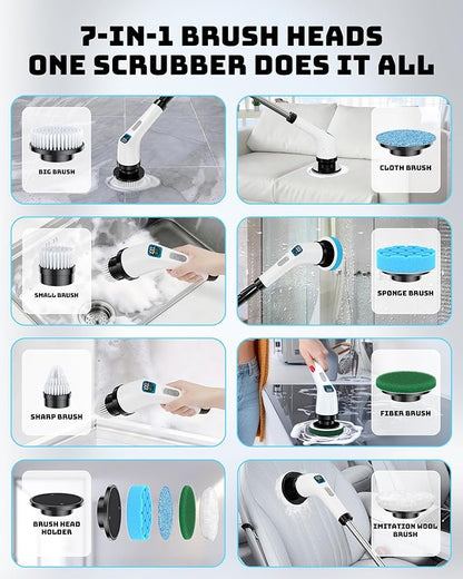 Electric Spin Scrubber for Cleaning Bathroom - Shower Cleaner Brush with Long Handle - Cordless Power Scrubber with 7 Brushes Heads, IPX7 Waterproof Scrub Brush for Bath Tub Tile Grout Glass Tool