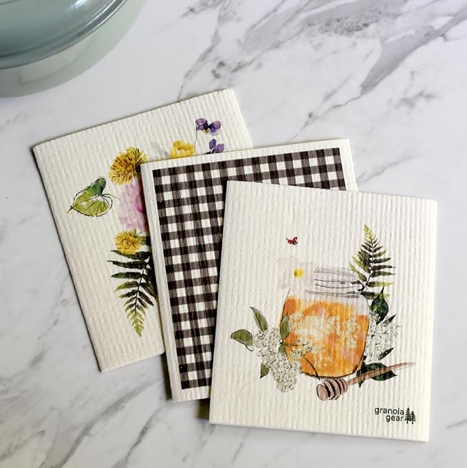 Swedish Dishcloths for Kitchen 6-Pack Reusable Paper Towels, Eco-Friendly, Compostable, Biodegradable Dish Wash Cloths, Washable Sponge, Watercolor Honey Art-Sweet as Can Bee
