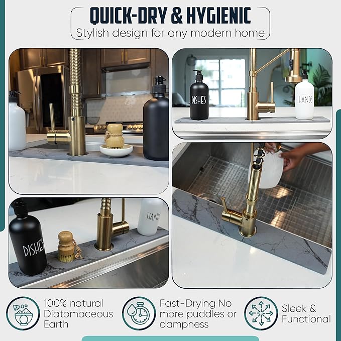 Faucet Splash Guard for Kitchen Sink – Super Absorbent Diatomite Stone Mat, Quick-Drying, Prevents Moisture Buildup, Durable Counter Protector for Kitchen or Bathroom