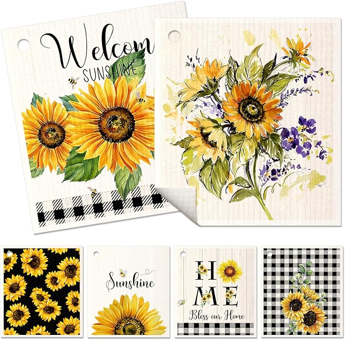 Miss Adola 6 Pack Swedish Dishcloths for Kitchen - Reusable Dish Cloths for Washing Dishes Absorbent Cute Funny Kitchen Towels Cleaning Sponge, Sunflower