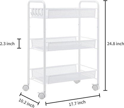 JANE EYRE 3-Tier Rolling Utility Storage Rack Cart on Wheels, Trolley Craft cart, Multi-Purpose Organizer Shelf, White