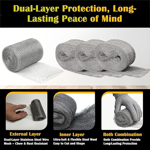 Steel Wool Mice Control - 3 Packs 2.75" x 12.5 FT 0000 Steel Wool & 1 Pack 5" x 19.6 FT Wire Mesh Kit with Wooden Stick, Gloves and Scissors, Rodent Mouse Hole Filler for House Garage Garden Wall Gaps
