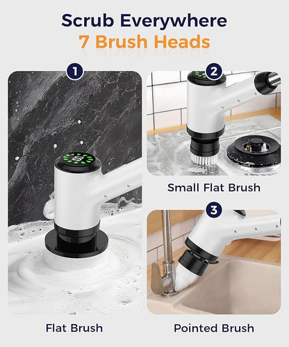 Electric Spin Scrubber, Cordless Cleaning Brush with 7 Replaceable Brush Heads, 2-Speed Adjustable Handle Shower Scrubber, IPX7 Waterproof for Bathroom, Tub, Tile & Floor, Teens, White-qb1...
