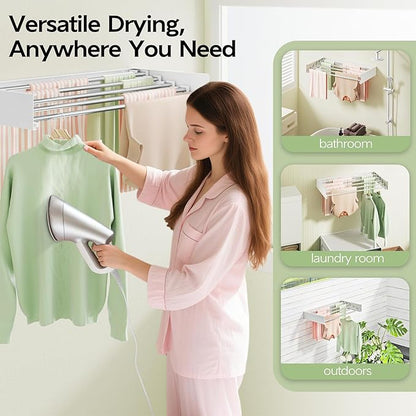 Wall-mounted folding clothes drying rack, 32" wide, 5 stainless steel rods, space-saving hidden laundry room drying rack, foldable wall-mounted, mountable drying racks with installation template