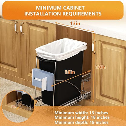 Pull Out Trash Can Under Cabinet with Garbage Bag Holder，Heavy Duty Under Sink Garbage Can Pull Out Kit-Up to 125 lb，Fit for 7–13 Gallon Cans ，Chrome (Trash Can Not Included)