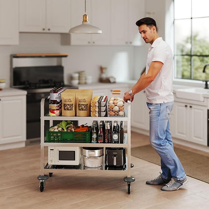 uyoyous 3 Tier Stainless Steel Utility Cart, 360° Rotation Wheels & 400 lbs Capacity, Commercial Serving Cart Heavy Duty Rolling Cart for Kitchen Hotel Restaurant Home, 30" L x 16" W x 33" H