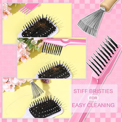 Boao 2 Pieces Hair Brush Cleaning Tool Comb Cleaner Brush Mini Comb Cleaning Hair Remover Tool for Removing Dust Home and Salon Use(Pink, Wood Color,Polished Wooden Handle Rake)