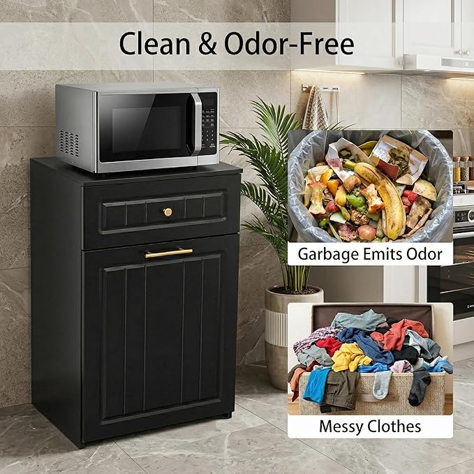 13 Gallon Pull Out Trash Can Cabinet with Drawer, Hidden Kitchen Garbage Cabinet, Freestanding Modern Farmhouse Waste Bin Furniture, Black