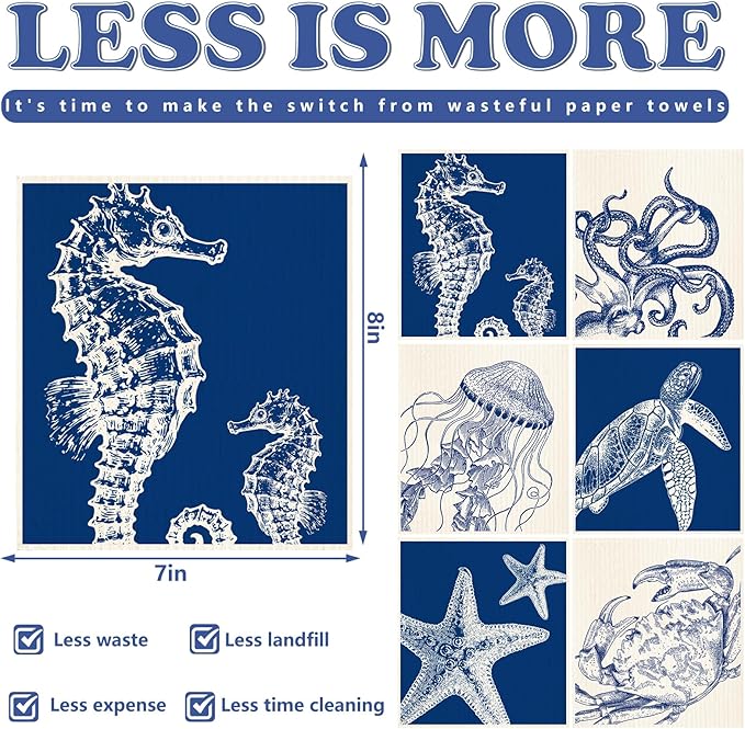 Whaline 6 Pcs Summer Swedish Dishcloths Cotton Kitchen Towels Octopus Seahorse Starfish Turtle Jellyfish Reusable Absorbent Dish Towels for Ocean Birthday Party Housewarming Cleaning, 7 x 8 Inch