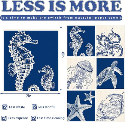 Whaline 6 Pcs Summer Swedish Dishcloths Cotton Kitchen Towels Octopus Seahorse Starfish Turtle Jellyfish Reusable Absorbent Dish Towels for Ocean Birthday Party Housewarming Cleaning, 7 x 8 Inch