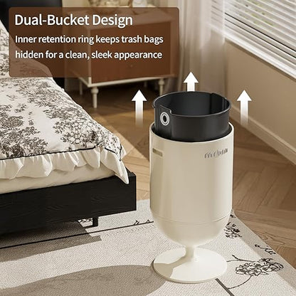 MRBIN Metal Trash Can with Lid, 5.3 Gallons / 20L Medium Decorative Waste Basket, Round Tall Garbage with High Leg for Bathroom, Office, Bedroom, Kitchen, Cream White