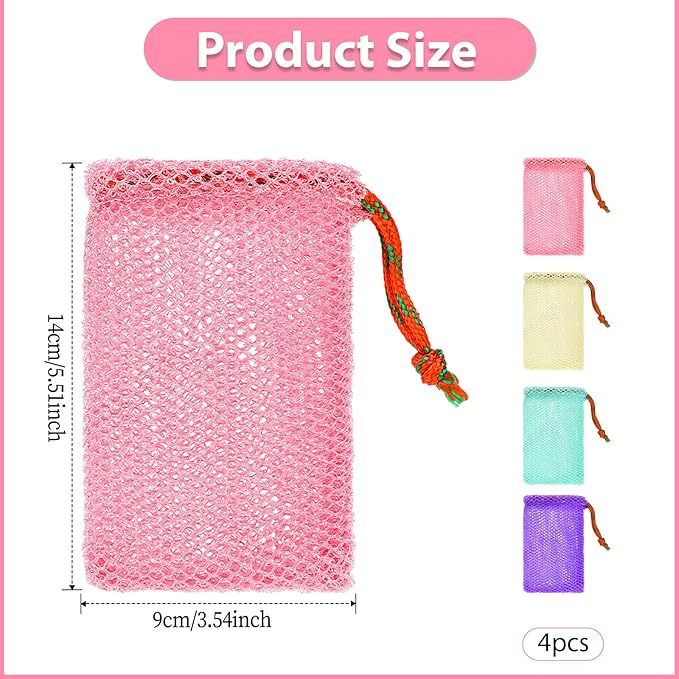 JJUNW 4 Pack Soap Savers, Exfoliating Mesh Soap Pouch, Foam Net Soap Saver Sack Drawstring Holder, Mesh Foaming Bubble Bags for Bath and Shower (Multicolor)
