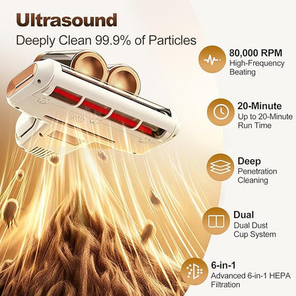 Mattress Vacuum Cleaner, Cordless Bed Vacuum with 16KPa Suction (White & Gold)